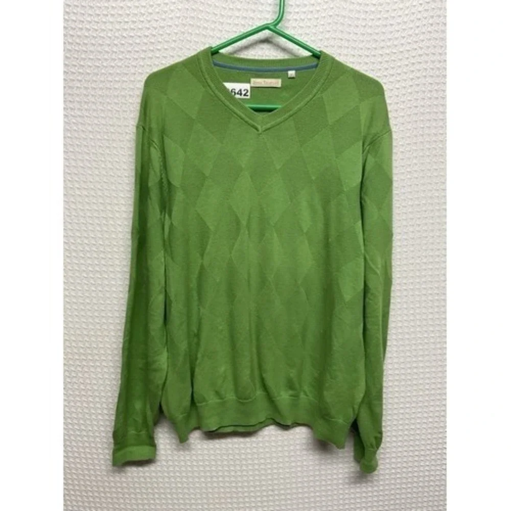 James Tattersall Green Textured Knit V-Neck Sweater Men Large Hong Kong Cotton